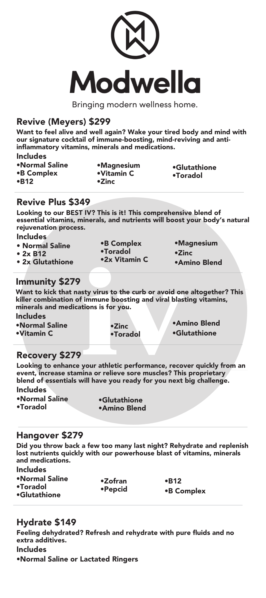 Modwella IV hydration pricing sheet — page 1